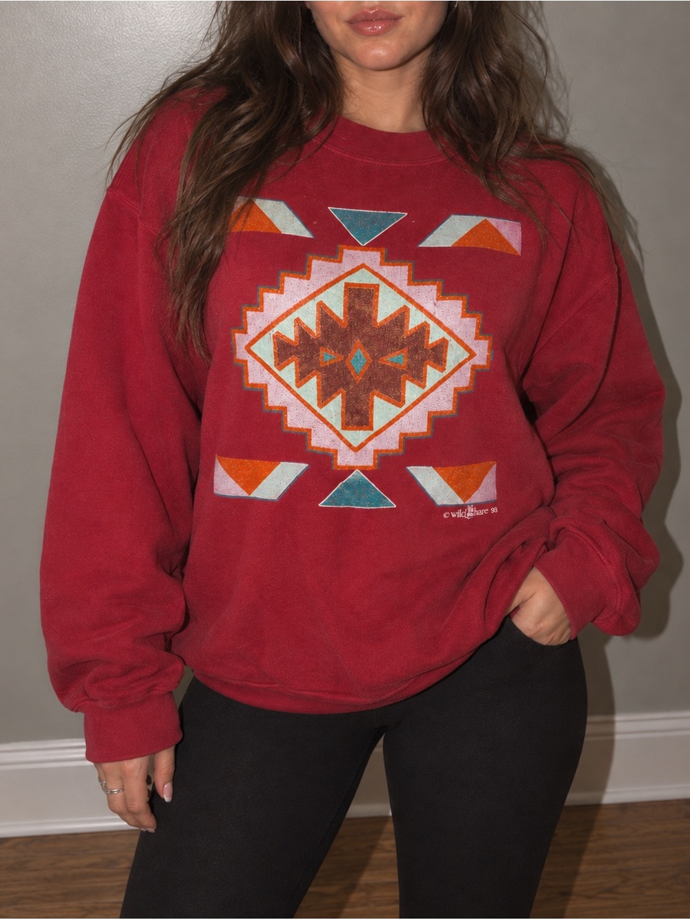Vintage 90s Southwestern Tultex Burgundy Crewneck Oversized Sweatshirt Size Lg